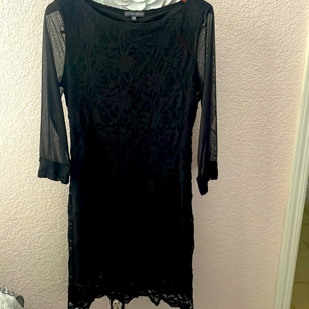 Covington black lace dress with sheer long sleeves